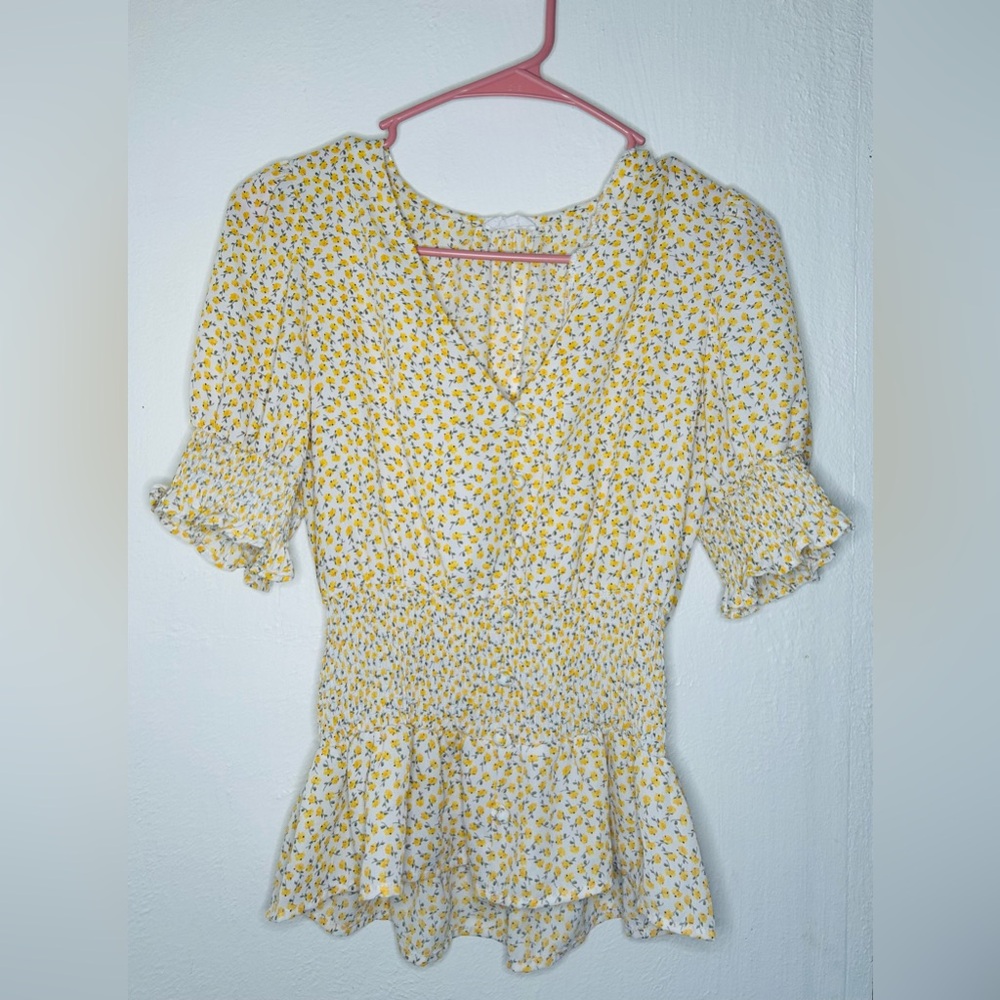 Floral White & Yellow Blouse with Ruffle Sleeves
